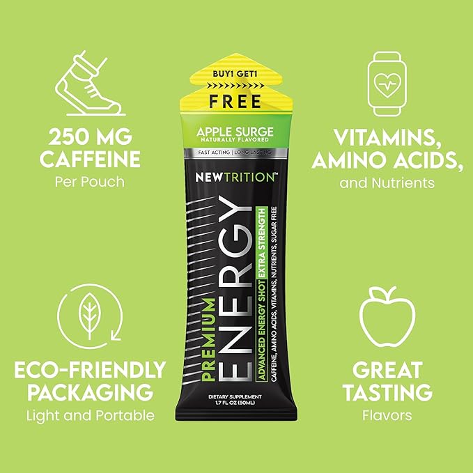 NewTrition® Extra Strength Energy Shots, 250mg Caffeine Energy Shots with Vitamin B & Amino Acids, Sugar-Free Vitamin Energy Shot, 1.7 fl oz (Pack of 12, Apple Surge)