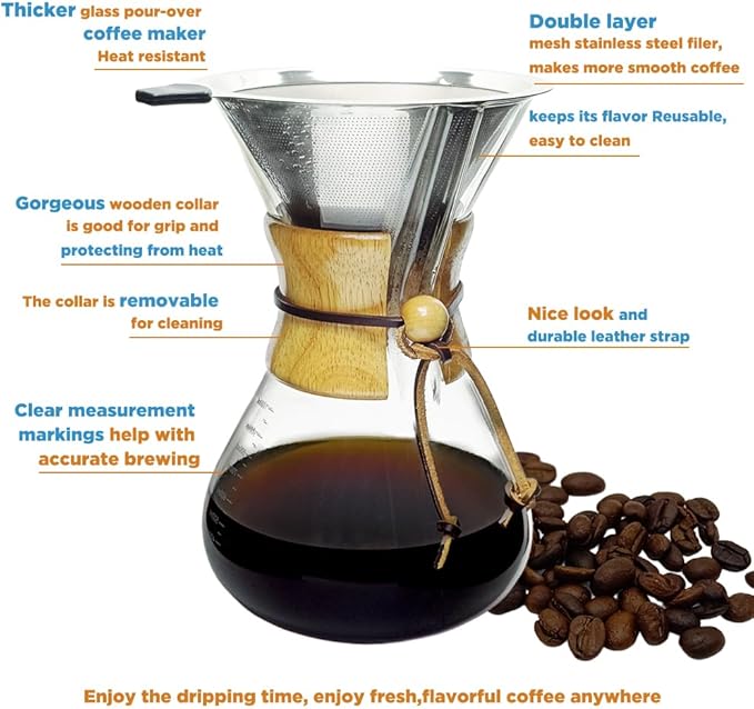 Subjectthree Coffee Pour Over 8 Cup Coffee Maker Glass Coffee Dripper Carafe Pot with Filter for Home Office Camping Easy Clean (8 Cup/28 oz)