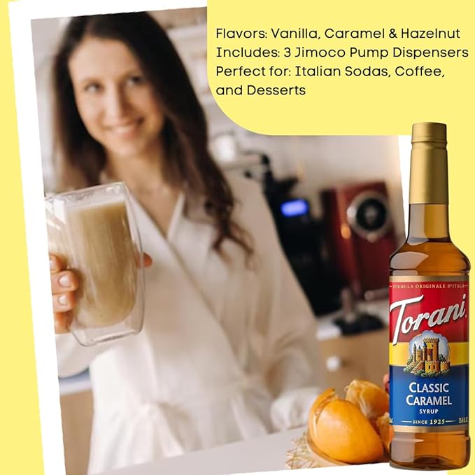 Summer Syrup Variety 3 Pack: Vanilla, Caramel & Hazelnut - Italian Soda Flavors with 3 Jimoco Pump Dispensers