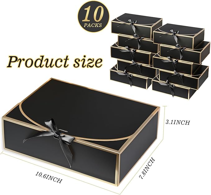 10Pack Black Gift Boxes, 10.6x7.8x3.1Inch Bridesmaid Proposal Box with Ribbons, Gift Boxes with Lids for Presents, Mother's Day, Wedding, Groomsmen Proposal, Birthday Party