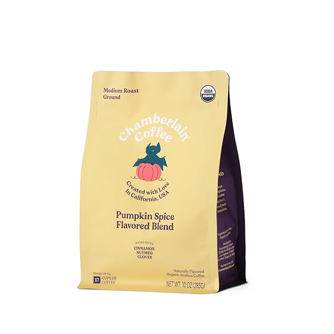 Chamberlain Coffee Pumpkin Spice Blend – Medium Roast Ground Coffee, Smooth and Well-Balanced with Warm Notes of Cinnamon, Nutmeg, and Clove, Freshly Roasted in California - 10 oz