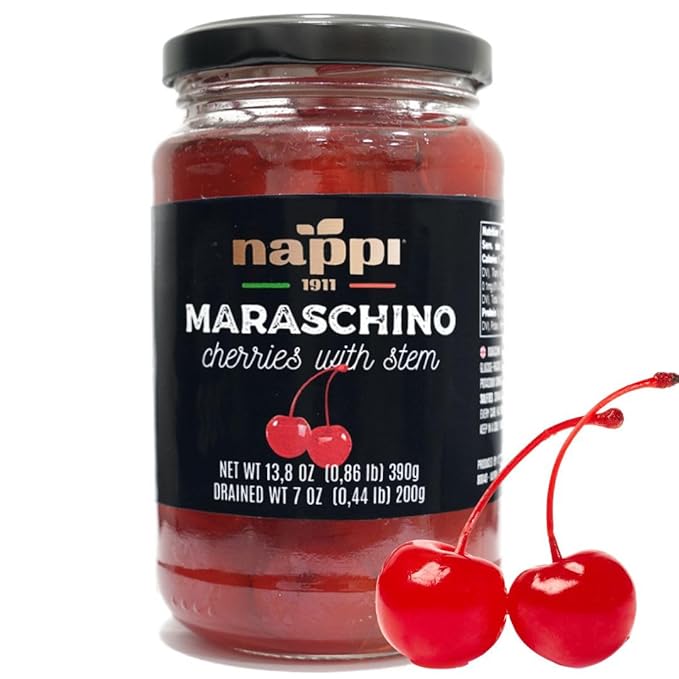 Nappi 1911, Maraschino Cocktail Cherries with Stem in Syrup, 13.76 oz (390 g) Jar, Product of Italy