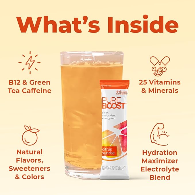 Pureboost Clean Energy Booster, Refreshing Energy Drink Mix with B12 Vitamins, Electrolytes, Antioxidants, Sugar-Free with No Sucralose (Combo Pack, 10 Count)