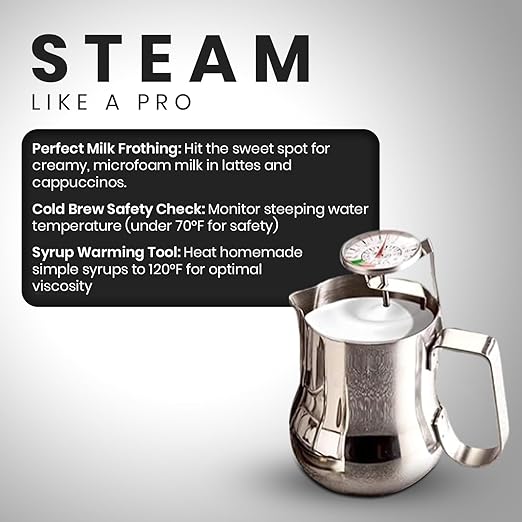 Rattleware 7” Easy Steam Thermometer for Home, Cafe, Restaurants, Residential, or Commercial Use - Milk Frothing and Barista Thermometer - Durable Fast Reading (45mm Dial)