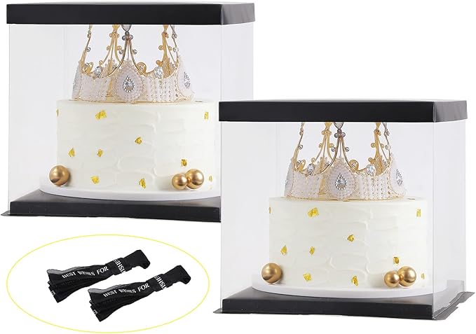 XININSUN 2Pcs Large Cake PET Clear Box, 10" X 10" X 9" with ribbon and pre-folded lid, for 8" cake packing carry, baking cookie display, Carry Tall Layer Gift, Festive Gift Box -Black