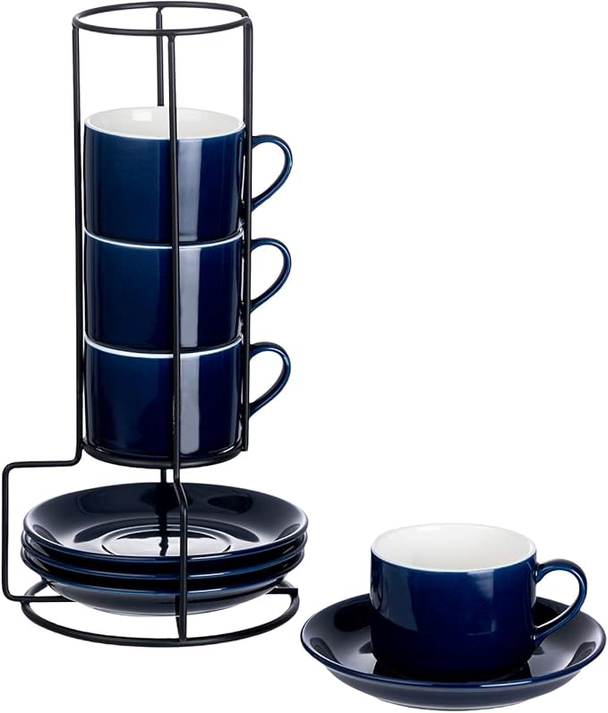 4oz Porcelain Stackable Espresso Cups with Saucers and Metal Stand Set of 4, Stackable Cappuccino Cups, Blue Expresso Shots Cup Set for Coffee Drinks, Latte, Americano, Tea