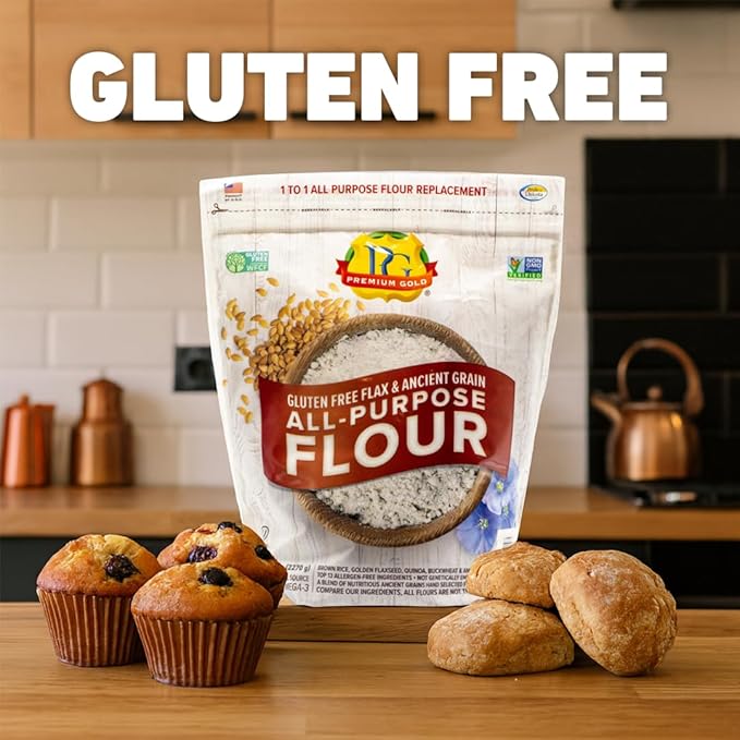 Premium Gold Gluten Free All Purpose Flour, 5 Pound, Gluten-Free, Non-GMO, Kosher, High In Fiber, Source of Omega-3, Plant-Based Protein, No Preservatives, No Additives, Ideal for Beverages, Baking &