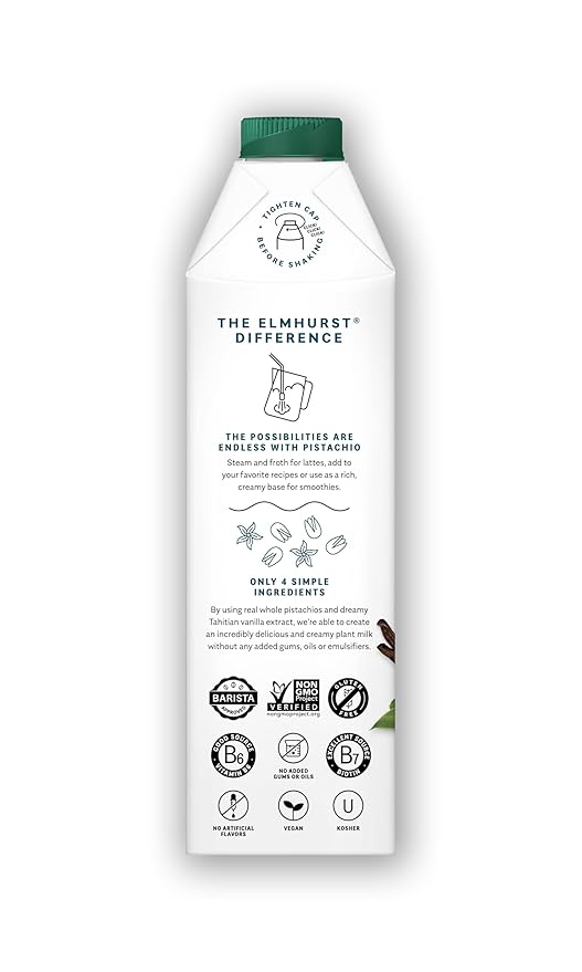 Elmhurst 1925 Vanilla Pistachio Milk Unsweetened - 32 Ounce (Pack of 6) Dairy-Free, Vegan, Kosher, Shelf Stable Milk Made w/Vanilla, Water & Pistachio for Healthier, Simpler Plant-Based Alternatives