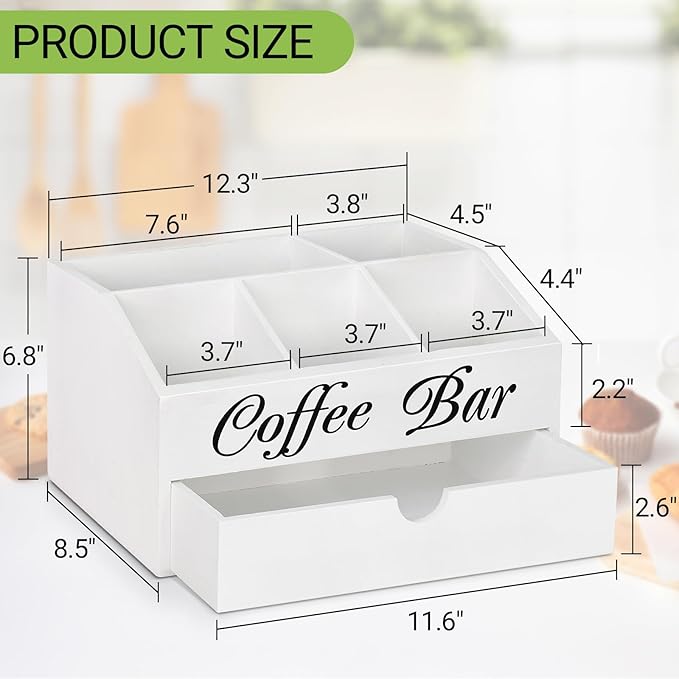 Wooden Coffee Bar Organizer Countertop With Drawer, Station Accessories, Pods Holder Storage Basket, Farmhouse Tea Condiment Organizer