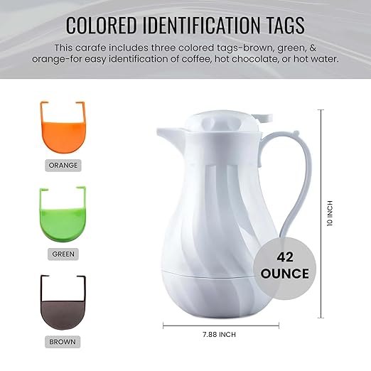 OCS Parts Easy Pour Thermal Coffee Carafe | 10-Inch Insulated Hot and Cold Beverage Pitcher Server for Coffee, Tea, Hot Chocolate and Water with Colored Tags for Easy Idenfication | 42-Ounce | White
