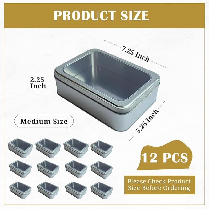 Pack of 12 Silver Rectangular Tin Container With Clear Lid, Multipurpose Tin Box, Festive Tin Box for Gift Giving, Cookies, Stationery & More - 7.25 x 5.25 x 2.25 Inches