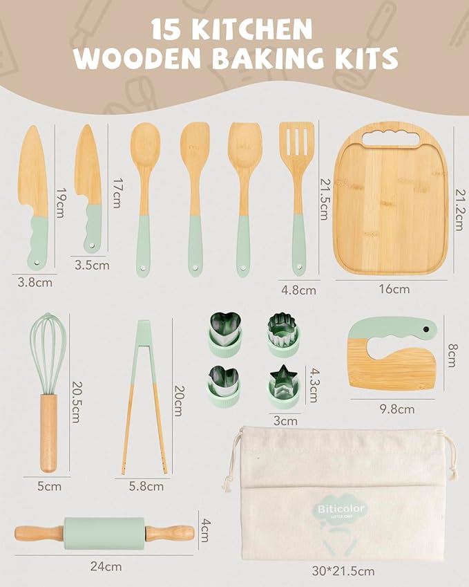 Wooden Kids Cooking Set Montessori Kit - Real Toddler Kitchen Tools & Baking Utensils - 15PCS Cooking Kit for Kids with Storage Bag, Great Gift for Pretend Play & Montessori Learning (Green)