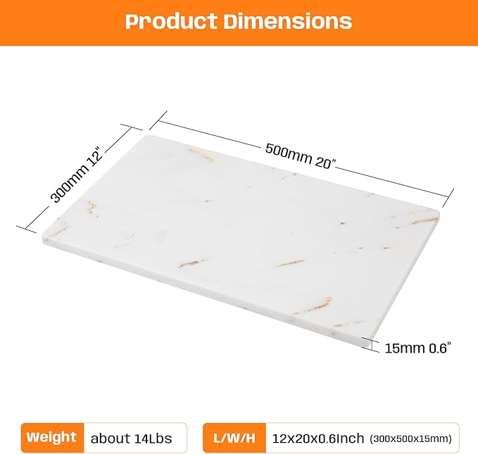 White Marble Cutting Board, Marble Slab Pastry Board With Non-Slip Feets For Baking, Cheese, Charcuterie, Chocolate, 12x20 Inch, Pack Of 1 Piece