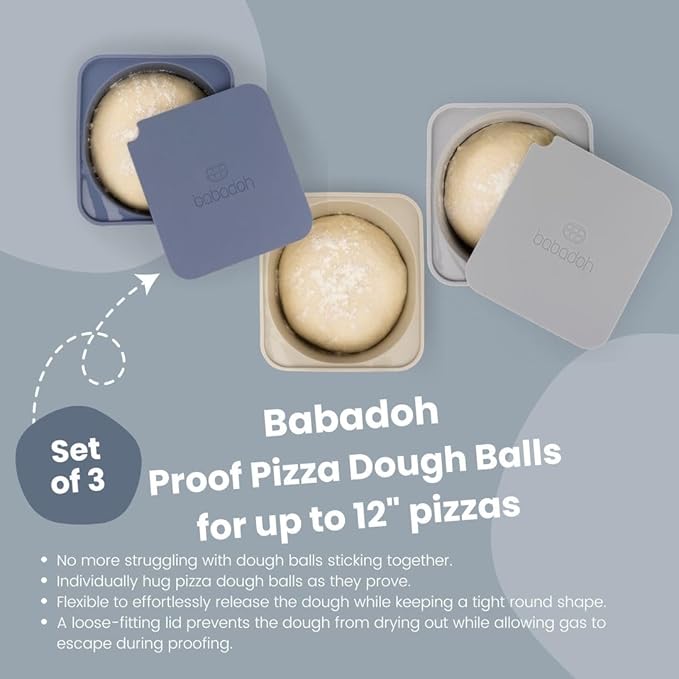 Babadoh Pizza Dough Proofing Silicone Containers with Lids | Pizza Making Accessories | Set of 3 | Multi Blue (1 Dough, 1 Smoke, 1 Steel) | Original Size (make 12" Pizzas)