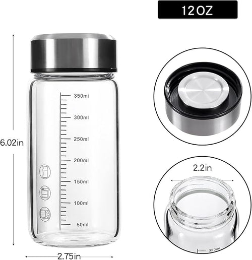 12Oz Glass Water Bottle with Lid and Sleeve,0.15in/3.8mm Thick Glass Shaker Bottles for Protein Mixes,Juicing,Smoothies, Infused Water,Beverage,Wide Mouth Small Reusable Coffee Bottle