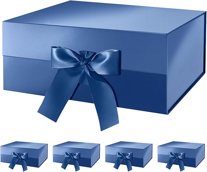HAPPY POTATO 5 Gift Boxes with Ribbon 9x6.5x3.8 Inches, Blue Gift Boxes with Lids, Groomsmen Proposal Boxes, Magnetic Gift Boxes for Presents (Glossy Blue, Pack of 5)