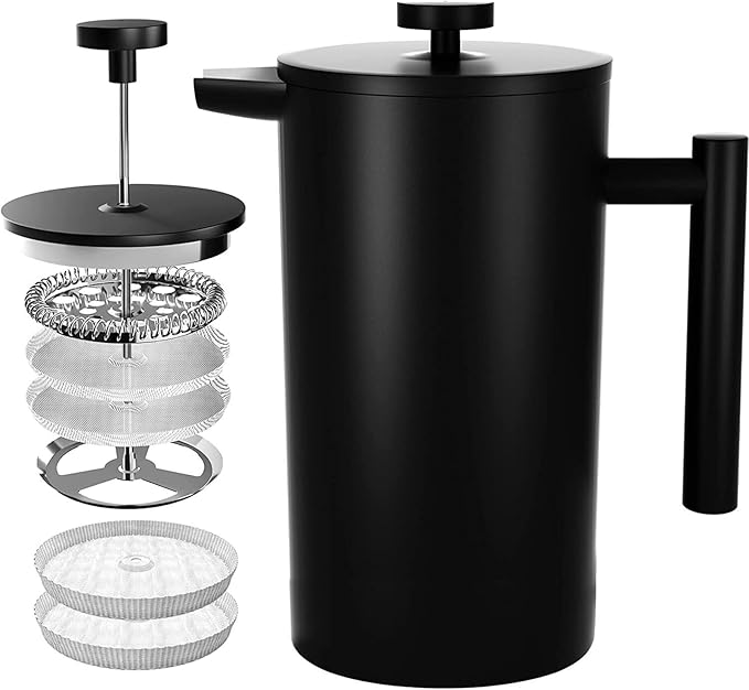 French Press Coffee Maker,Stainless Steel Double Wall Insulated Coffee Press 34 oz,4-8 Cups, Portable Hot Cold Brew Teapot Cafetera for Coffee Bar Accessories Kitchen Camping (Black,34oz)