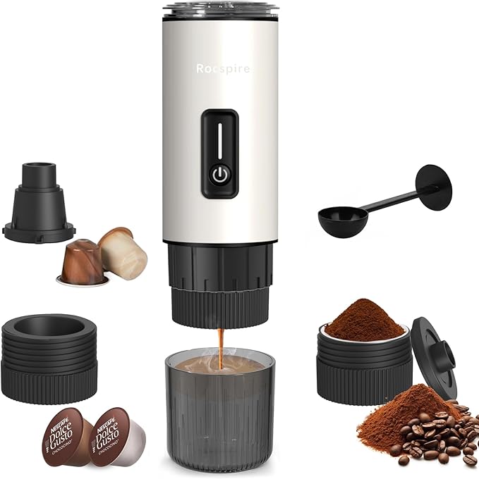 Stainless Steel Portable Espresso Maker | 7500mAh Rechargeable Battery | 20 Bar Self-Heating with USB-C | Works with Most Capsules Compatible for Camping, Travel, Outdoor (White)