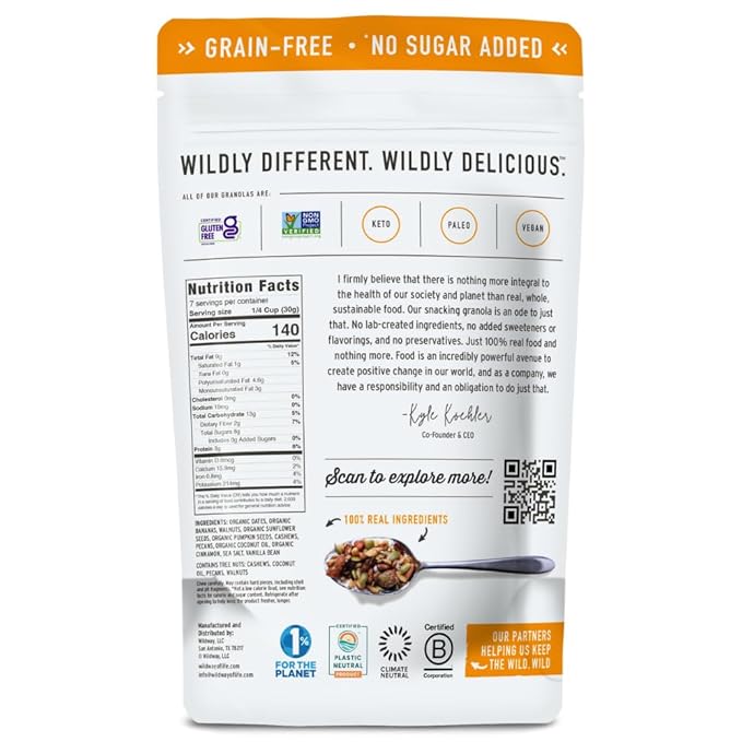 Wildway Keto Granola | Banana Nut | Grain-Free, Certified Gluten-Free Cereal | Vegan, Low Carb | No Sugar Added | Paleo-Friendly | Non-GMO Fruit & Nut Clusters | Nutrient-Rich Snack | 8 oz, 3 Pack
