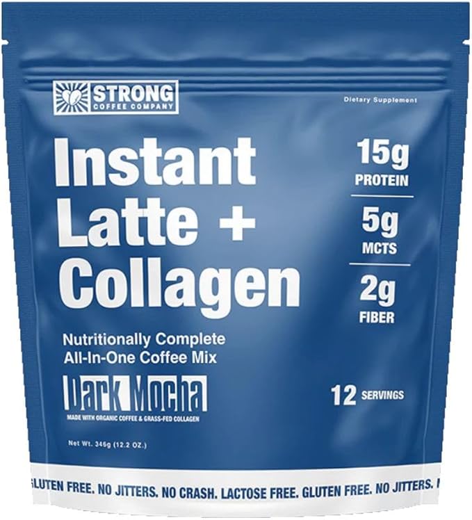 STRONG COFFEE COMPANY Instant Cacao Latte - 15g Protein, Instant Protein Coffee with Collagen, Adaptogens & Nootropics, No Crash, No Jitters, 12 Servings Bag