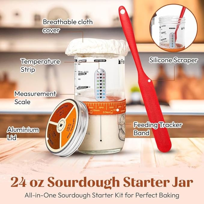 Sourdough Starter Kit with 24oz Glass Jar, Recipe Book, Tracking Band, Measuring Spoons, Bread Lame with 5 Blades, Scoring Stencils & Silicone Spatula – Complete Bread Baking Supplies for Home Bakers