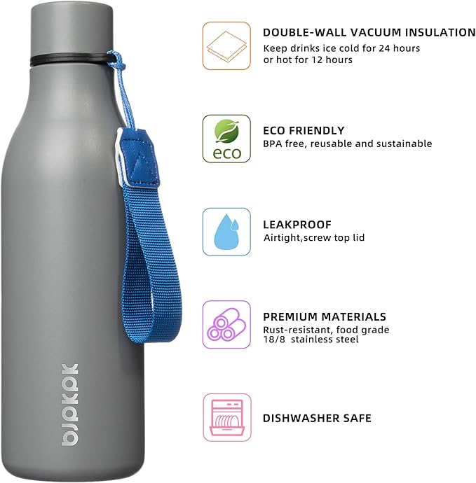 BJPKPK Insulated Water Bottles, 18 oz Stainless Steel Metal Water Bottle with Strap, BPA Free Leak Proof Thermos, Mugs, Flasks, Reusable Water Bottle for Sports & Travel, Grey