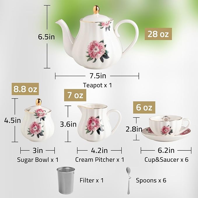Porcelain Tea Sets British Royal Series, 8 OZ Cups & Saucer Service for 6, with Teapot Sugar Bowl Cream Pitcher Teaspoons and Tea Strainer, Suitable for High Tea, Wedding, Party(Blush Pink)