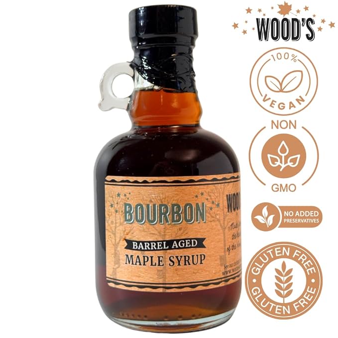 WOOD'S Vermont Bourbon Barrel Aged Maple Syrup – Premium Maple Syrup with Rich Flavor & Subtle Bourbon Notes – Ideal for Pancakes, Desserts, and Cocktails – 8.45 oz