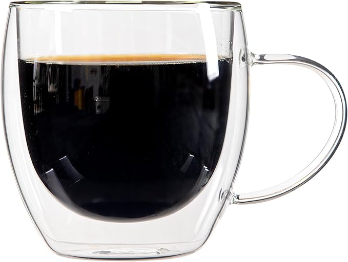 Restaurantware-Forma Professional 8.5 Ounce Glass Coffee Cups, 2 Insulated Coffee Cups With Handle - Dishwashable, Reusable, Clear Double Wall Beverage Tumblers, Freezable, For Hot Or Cold Beverages