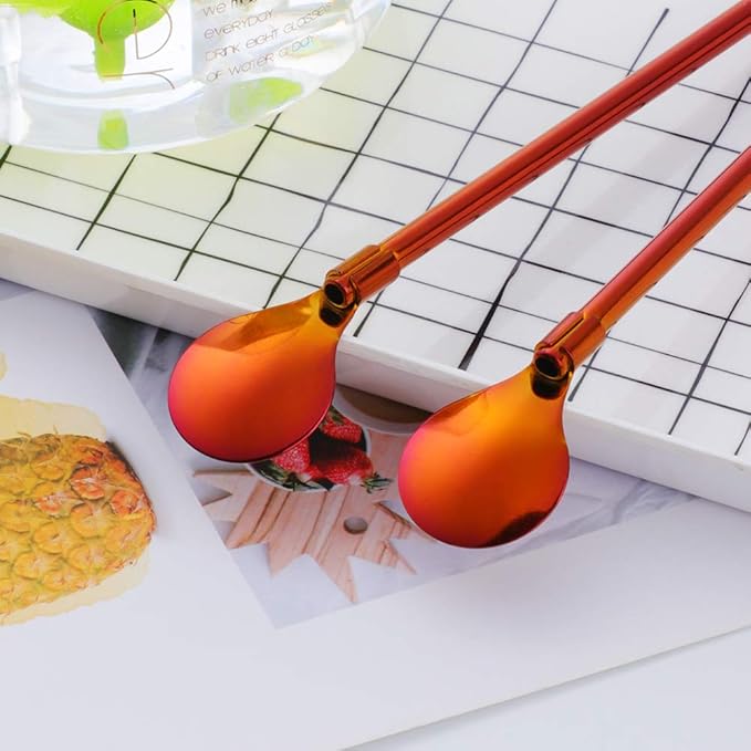 Straw Spoon, 8PCS 8.5inch Orange Red 18/8(304) Stainless Steel Metal Straws Reusable + 2 Brushes