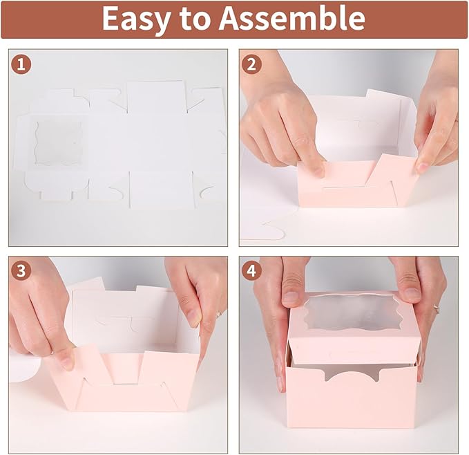 150pcs Pink Small Cake Box,4x4x2.5 Inch Bakery Boxes with Window,gift boxes bulk for Mini Cake Pastry Dessert Strawberries Chocolates Cupcakes with Stickers