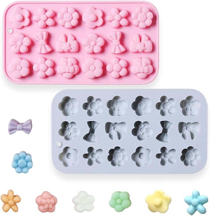 2 Pcs Flowers Silicone Chocolate Molds, 18-Cavity Different Flowers Bow Shape Molds Trays for Candy Chocolate Gummies Baking Jello Ice Cube Pudding Soap Cookie Desserts Making