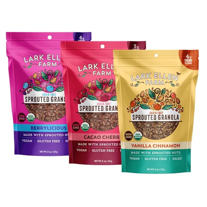 Lark Ellen Farm Vanilla Cinnamon, Cacao Cherry, Berrylicious Grain Free Granola Clusters, Crunchy Gluten Free Bites for a Healthy Snack, Healthy Breakfast, Cereal or Yogurt 8 oz - 3 Count