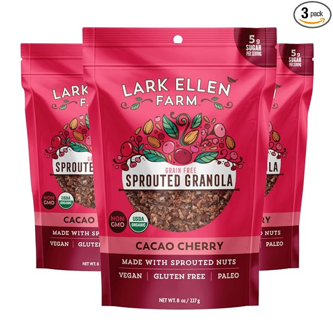 Lark Ellen Farm Cacao Cherry Grain-Free Granola Clusters, Organic Vegan Nut and Seed Mix, Gluten-Free Crunchy Bites for Snack, Breakfast, or Yogurt, 8 oz, 3 Pack