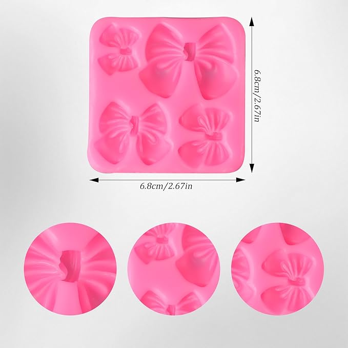 Bow Molds for Chocolate 4 PCS,Bow Chocolate Molds Silicone DIY Baking Supplies,for Chocolate, Fondant, Ice Cubes, and More(Square+round, Pink, 2.7in)