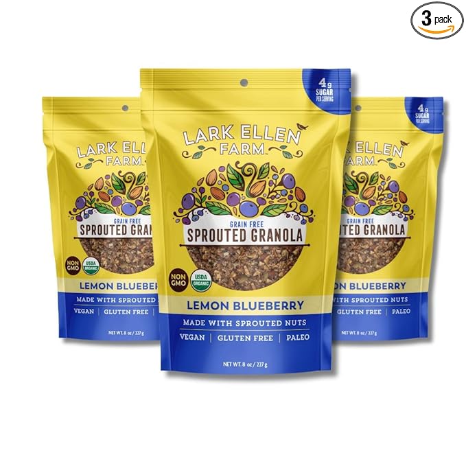 Lark Ellen Farm Grain-Free Granola, Certified Organic Raw Sprouted Vegan Clusters, Paleo & Crunchy Gluten-Free Bites for Cereal or Yogurt, Lemon Blueberry 8 oz, 3 Pack