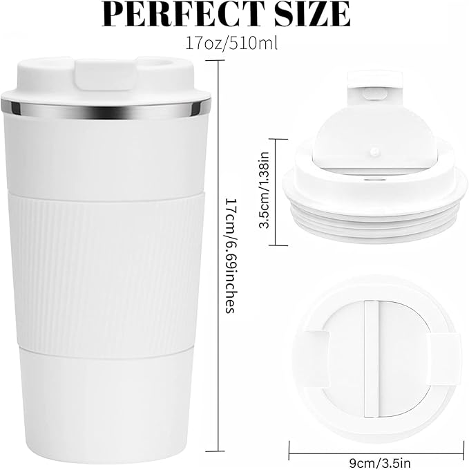 YINBAOGE Insulated Travel Coffee Mug Spill Proof Leak Proof Pobtable To Go Camping Stainless Steel Coffee Tumbler Reusable Coffee Cups with Lids Thermos for Hot and Cold Drink (White, 17 OZ)