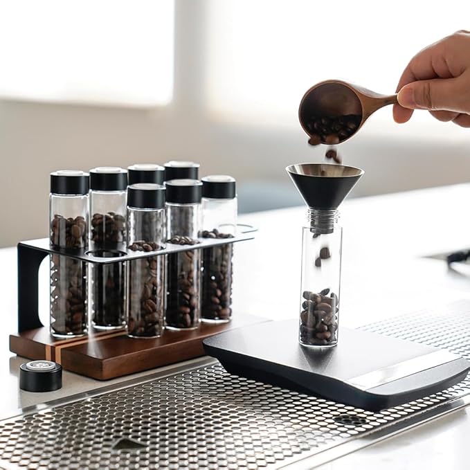 watchget Single Dose Coffee Storage Tubes 10 Pcs Dosing Glass Vials with One-way Exhaust Valve Lids Coffee Bean Storage Coffee Bean Cellar with Hopper & Wood Base, B