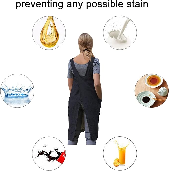 ZQFFB Pinafore Cross Back Apron for Women with Pockets Japanese Smock for Work Gardening Cooking Painting Baking