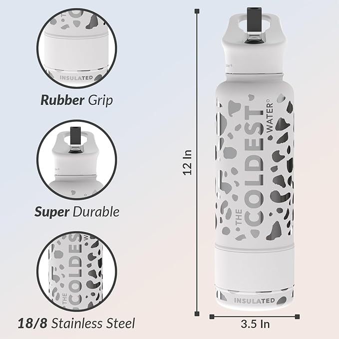 Coldest Insulated Water Bottle with Straw Lid - Stainless Steel Metal Insulated Bottle for Men & Women (Silver Leopard, 40 oz)