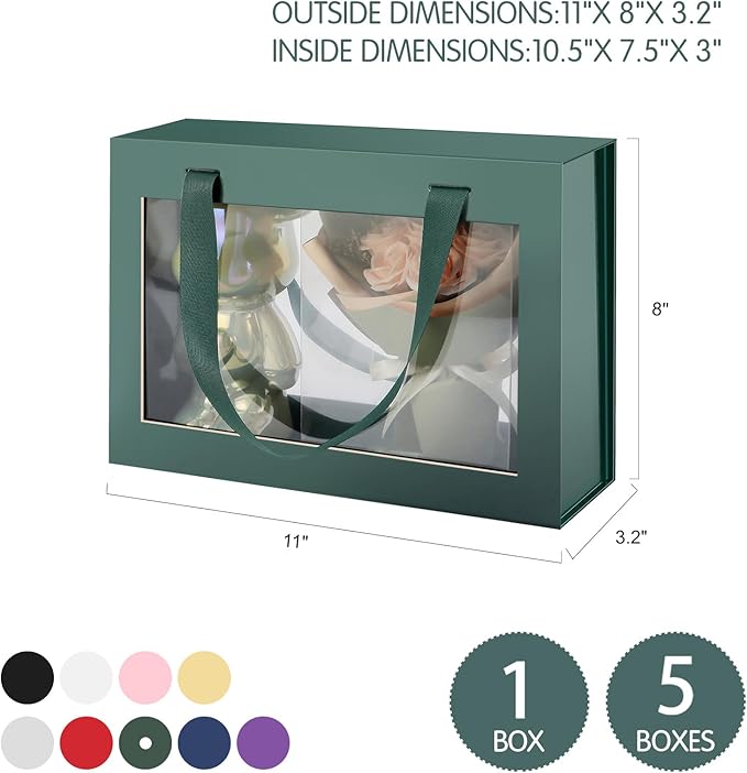 Green Gift Box with Window, Gift Box with Lid and Handle, Clear Magnetic Gift Box for Present, Bridesmaid Proposal Box (10.5x7.5x3 Inches
