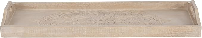 Kate and Laurel Adhira Carved Decorative Rectangle Tray, 24 x 10, Natural Wood, Traditional Display Tray with Handles and Hand Carved Wooden Pattern