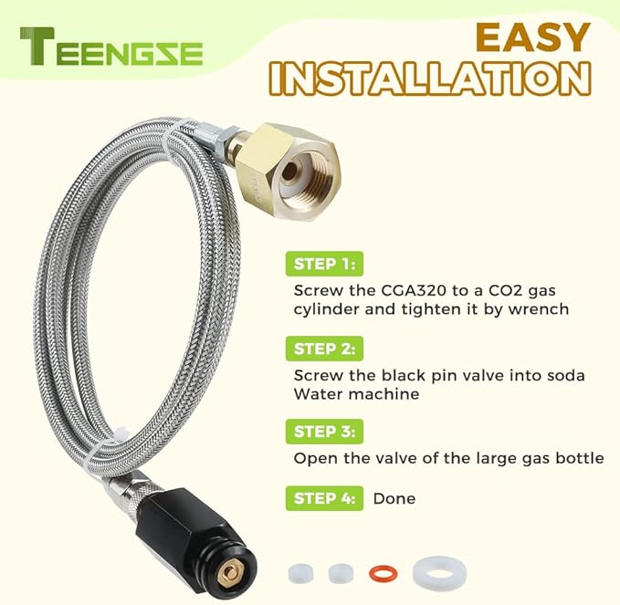 CO2 Cylinder Direct Adapter Hose, 60in Stainless Steel CO2 Tank Hose Compatible with Fizzi One Touch Jet Aqua Fizz, CGA320 to TR21-4