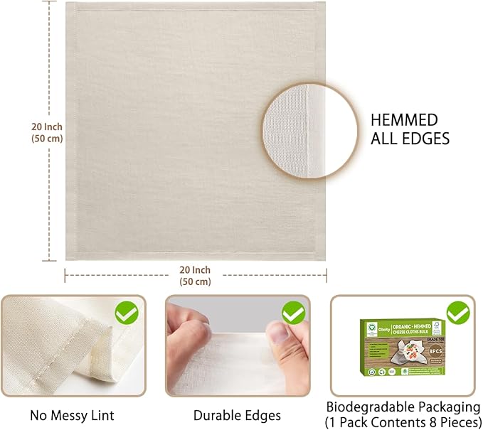 Organic Cheese Cloths, GOTS Certified, 8PCS, Grade 100, 20x20Inch Hemmed Cheese Cloth Fabric Reusable Fine Mesh Cloth, 100% Cotton Unbleached Muslin Cheesecloth for Straining, Cooking, Baking, Cheese