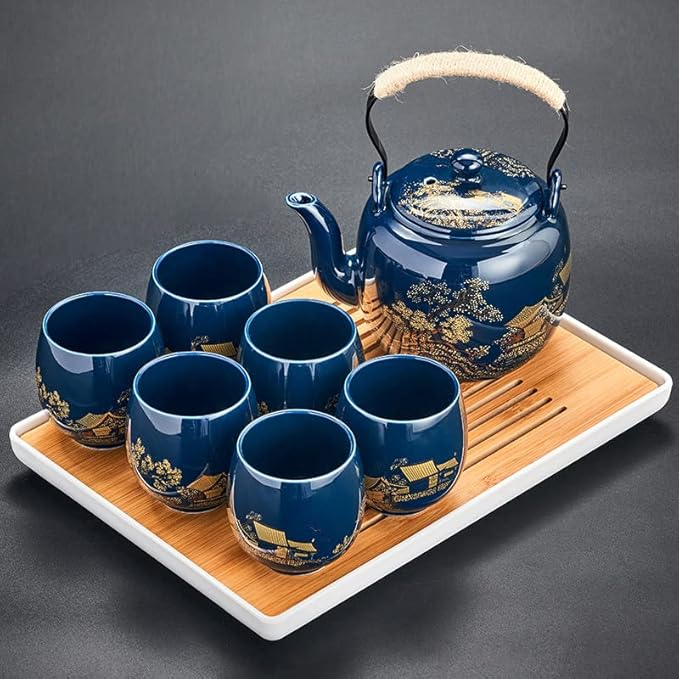 Japanese Tea Set, Black Glazed Tea Set in Gift Box With 1 Teapot, 1 Tea Strainer, 1 Tea Tray and 6 Tea Cups. Ideal Tea Set for Office Home, Asian Tea Sets for Tea Lovers(Country Blue)