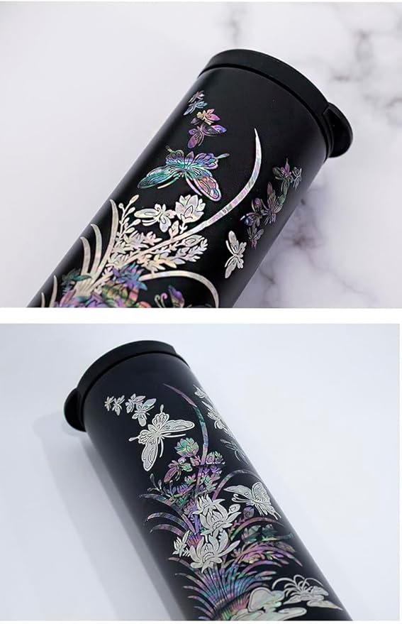 Mother of Pearl Design Stainless Steel Water Bottle 17 oz Leakproof Screw Cap Wide Mouth Double Wall Vacuum Insulated Travel Sport Water Flask Thermo Mug (Orchid Flower)