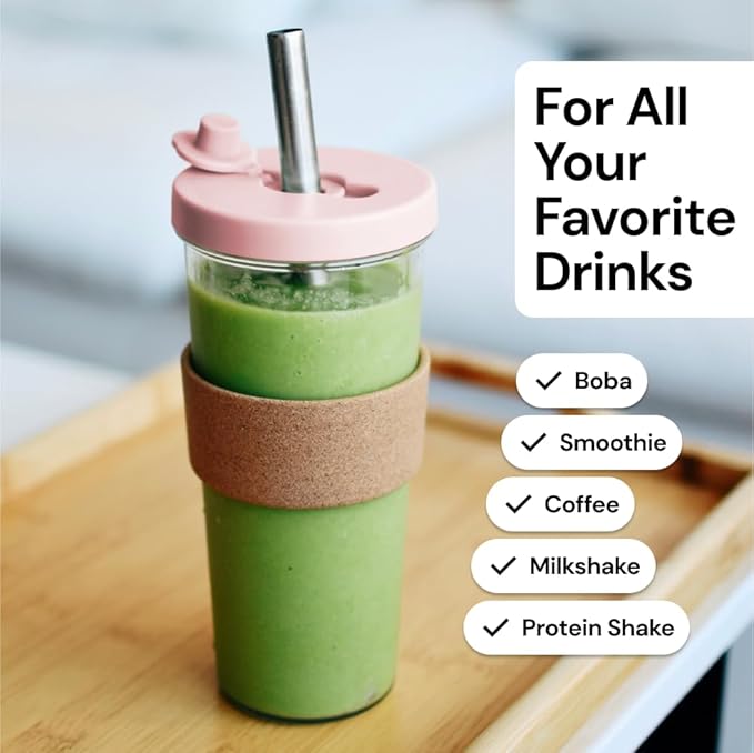 Dodoko Reusable Boba Cup with Straw - Iced Coffee & Smoothie Tumbler 24 oz - Bubble Pink