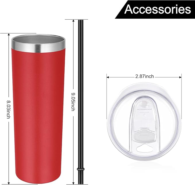 VEGOND 20 oz Stainless Steel Skinny Tumbler with Lids and Straws, 20oz Vacuum Insulated Slim Tumbler Cup, Double Wall Travel Tumblers Bulk for Cold Hot Drinks, Red 12 Pack