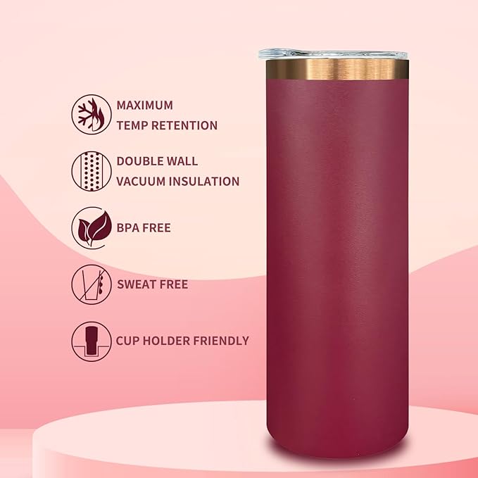 20 oz Skinny Tumblers Bulk, Stainless Steel Insulated Tumbler with Lids and Straws, Slim Double Wall Powder Coated Travel Coffee Mugs, Reusable Cup for Hot and Cold Drinks (Red,1 pack)