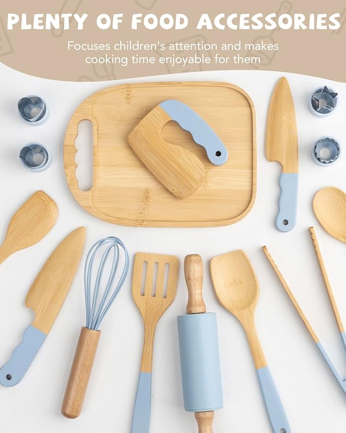Wooden Kids Cooking Set Montessori Kit - Real Toddler Kitchen Tools & Baking Utensils - 15PCS Cooking Kit for Kids with Storage Bag, Great Gift for Pretend Play & Montessori Learning (Blue)